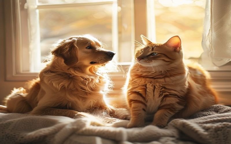 Senior golden retriever and ginger tabby cat sitting together