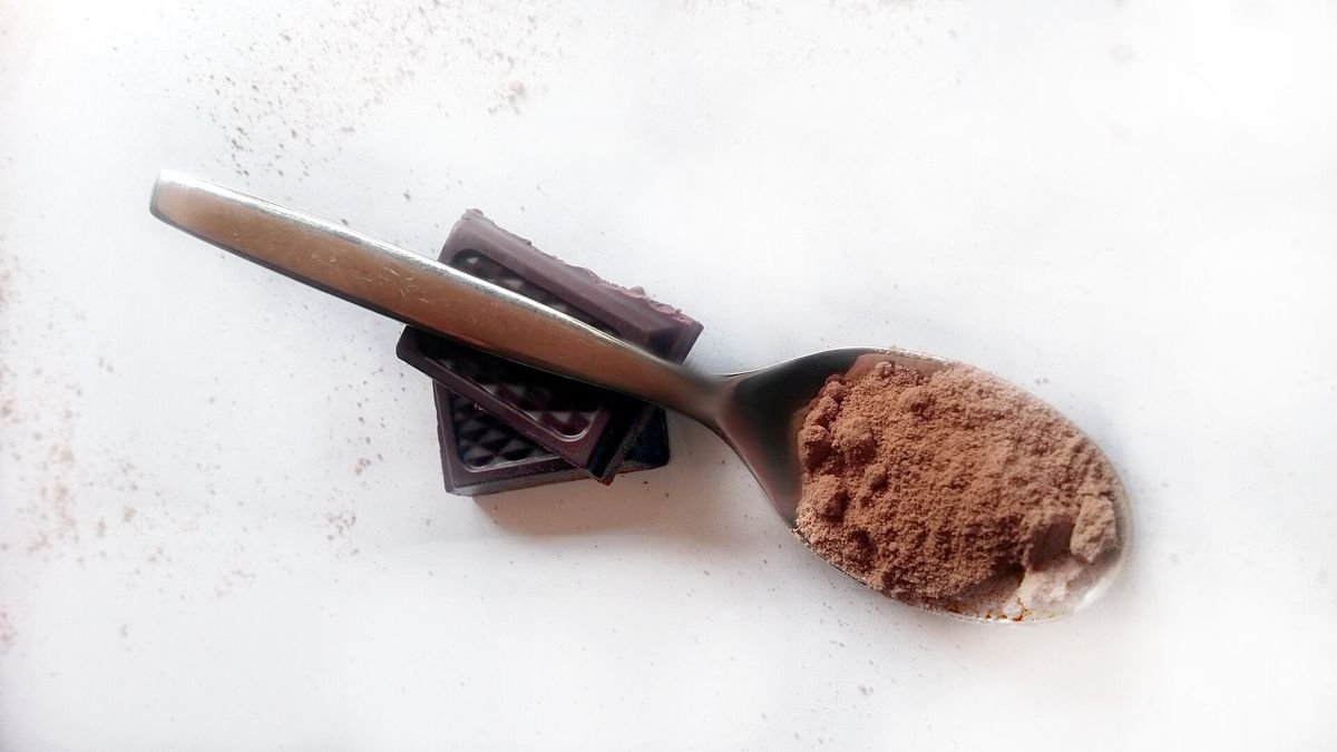 Dark chocolate pieces and cocoa powder on a spoon