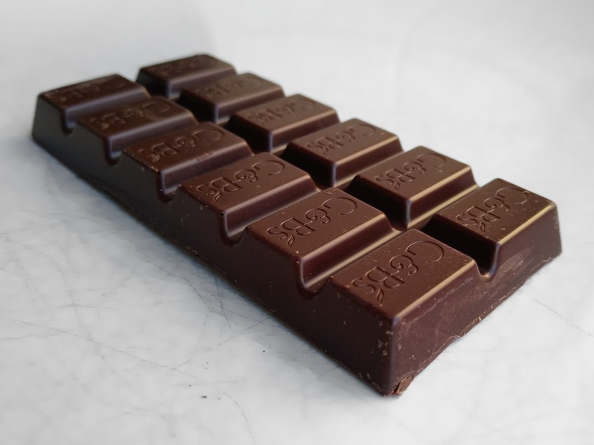 A bar of dark chocolate on a white background