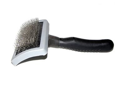 Pet slicker brush with fine wire bristles and a black handle (item type photo, not the exact product)