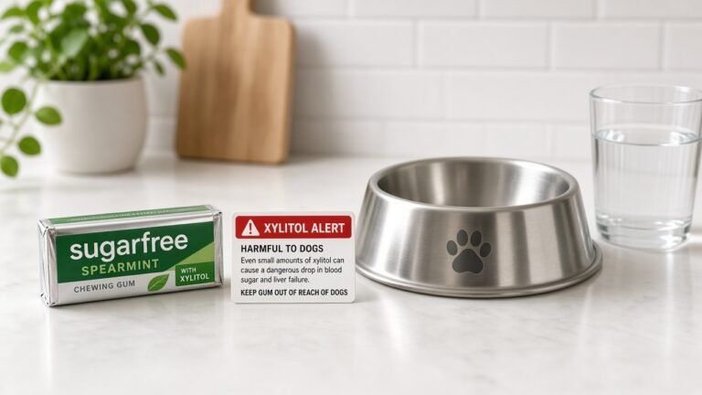 Sugar-free xylitol gum pack and stainless dog bowl on a kitchen counter — xylitol pet safety reminder